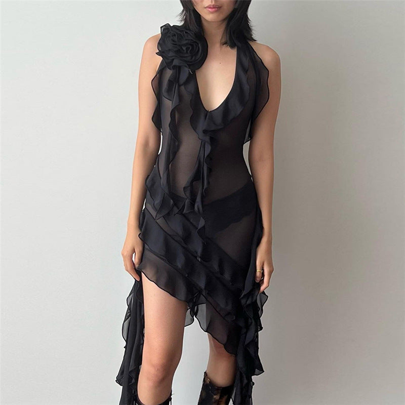 Lace Deep V Neck Mini Dress For Women Summer Mesh Flower Backless Sexy Bodycon Vestido Women's Party Tassel Dresses Woman