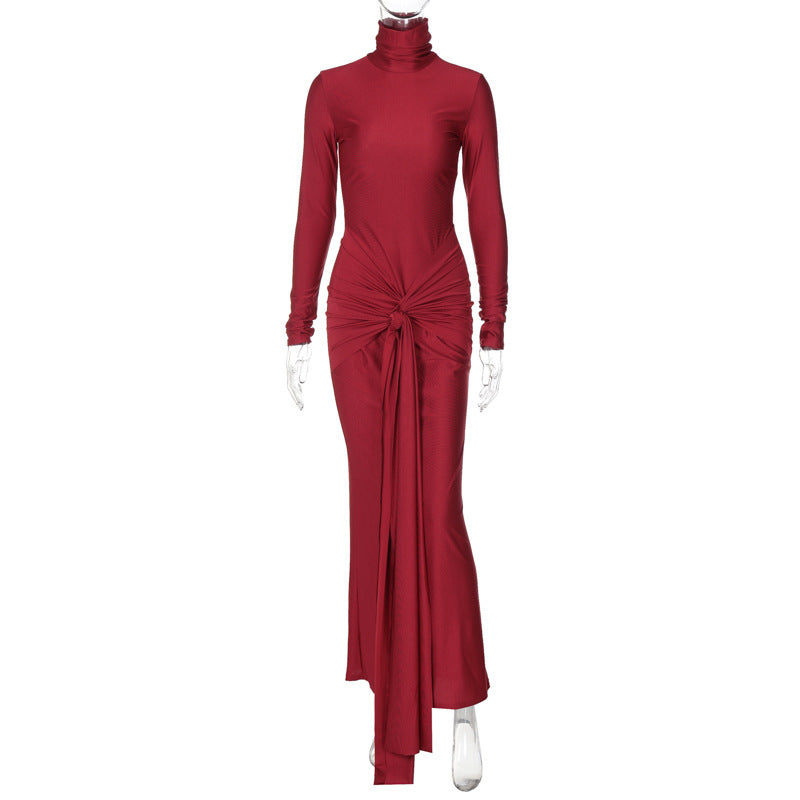 Fashion Bandage Maxi Bodycon Dress Women's Solid Autumn Turtleneck Long Sleeve Splice Ruched Party Dress Lady StreetwearChristmas Gifts