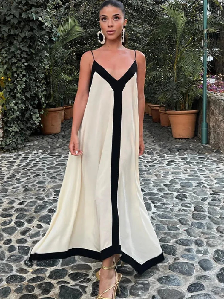 V Neck Backless Maxi Dresses For Women Color Block Slim Sexy Sundress Femme Street Fashion Party Temperament Dress Woman