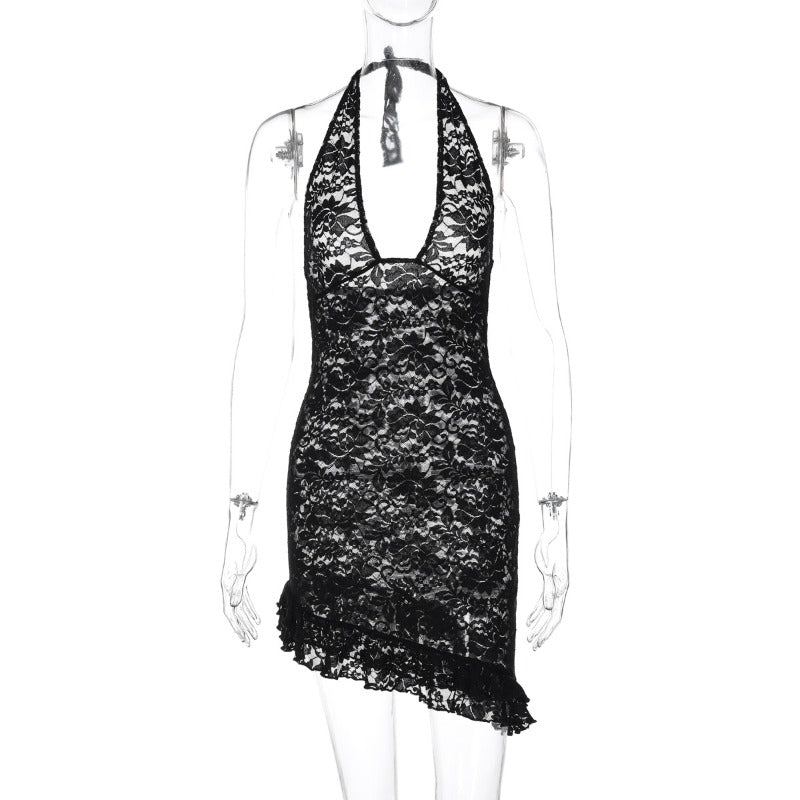 Black Lace Halter Mini Dress Women's Sexy Backless Lace Sleeveless Dress Lady See-through Lace Up Party Club Mini Dress