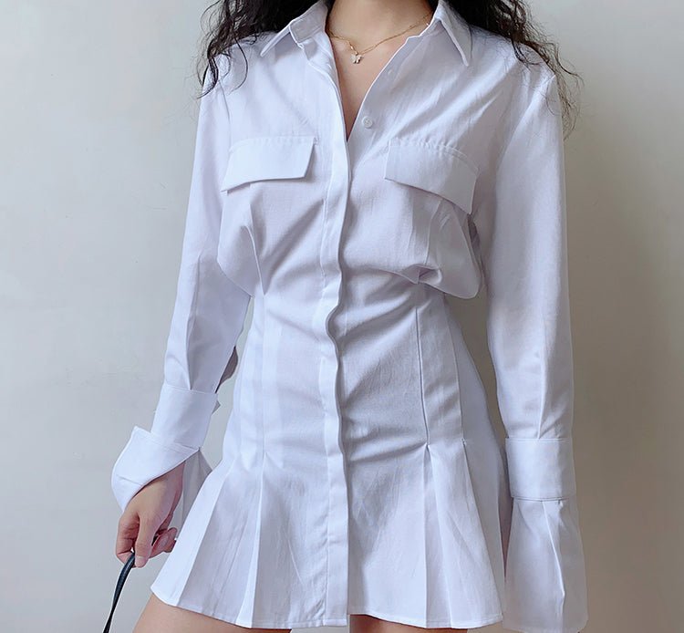 Ifomat Trumpet Sleeve Button Up Dress