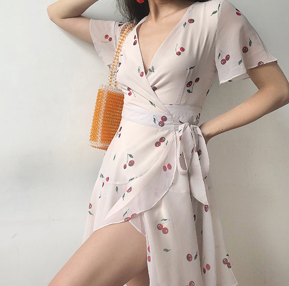 Ifomat 60s Style Cherry Wrap Dress