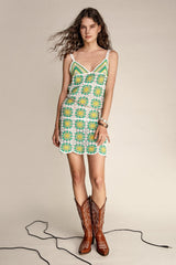 - Medium Sea Green Crochet V-Neck Mini Dress