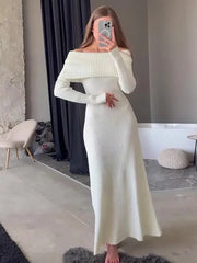 Fashion Knit Long Dress Off-Shoulder Female Ribbed Loose High Waist Elegant Autumn Party Dress Ladies Knitwear Maxi DressChristmas Gifts