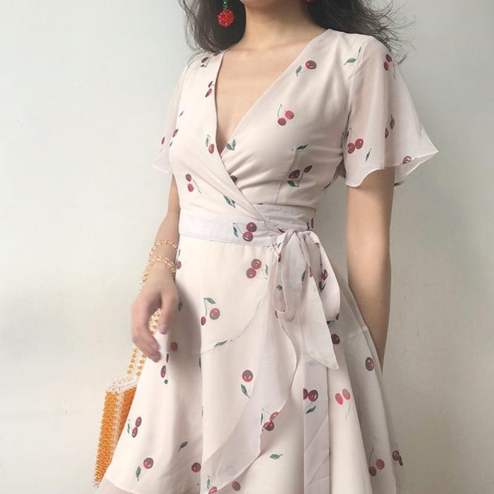 Ifomat 60s Style Cherry Wrap Dress