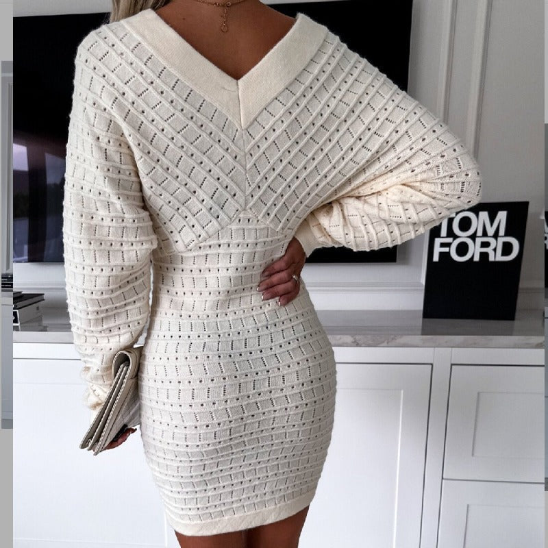 Fall V Neck Hollow Dress Women's Solid Color Long Sleeve Knit Hip Cover Dress Elegant High Waist Streetwear Mini Dress