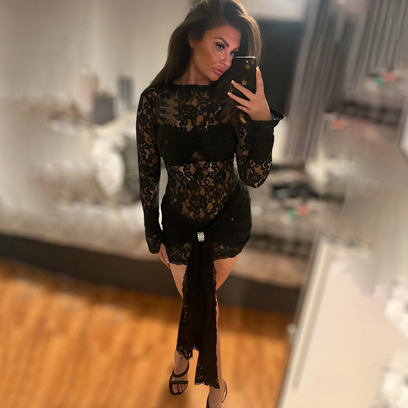 Sexy Bodycon Lace Women Dress 2025 New Long Sleeve See Through Hot Girl Ruched Mini Dress Black High Street Party Clothes