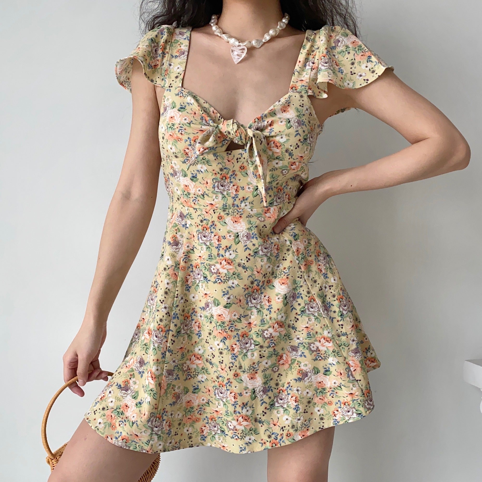 Ifomat Magnolia Floral Bowknot Dress