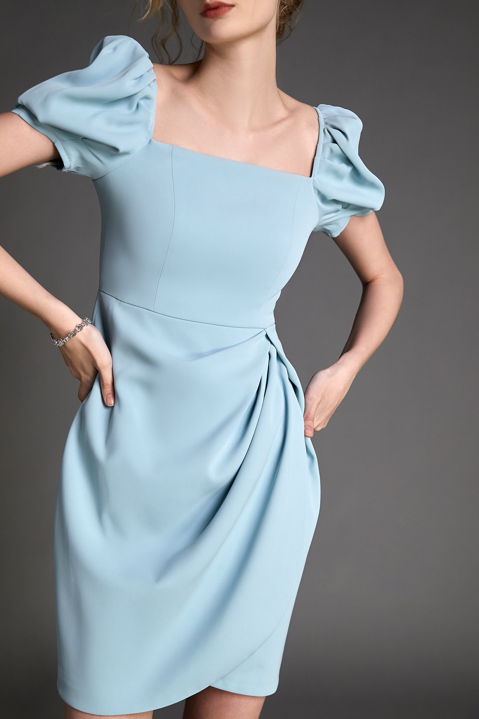 - Light Blue Square Neck Puff Sleeve Mini Dress