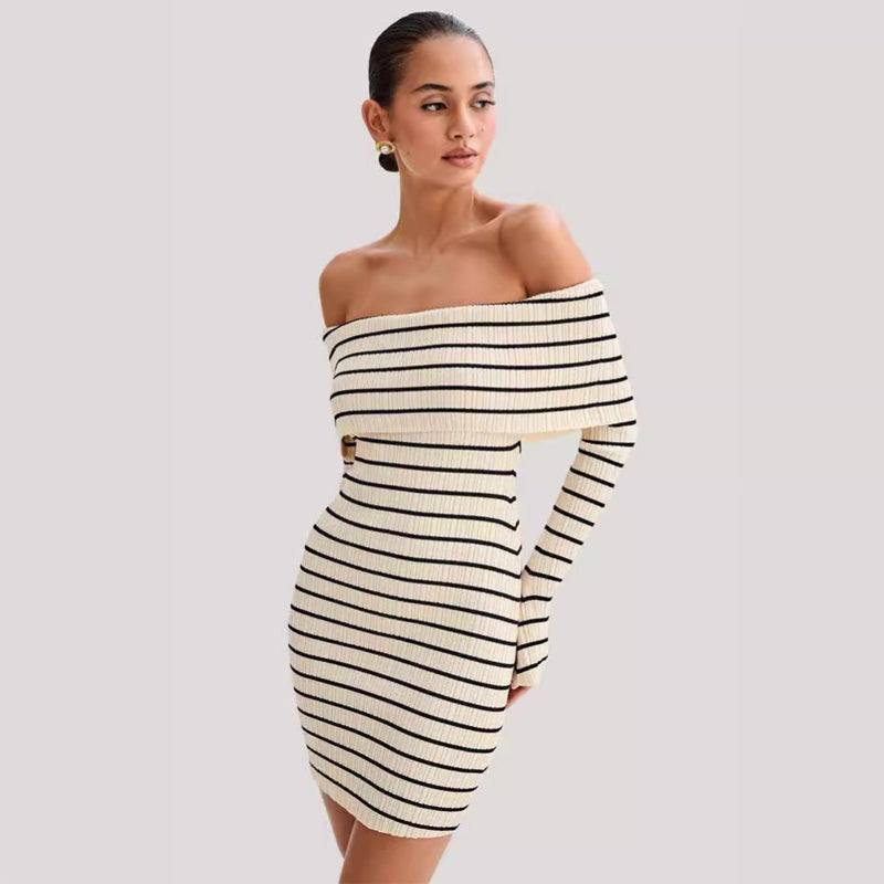 Beach Vacation Strapless Striped Long Sleeve Knitwear Dresses One-Shoulder Female Slim Fit Casual Short Dresses Summer