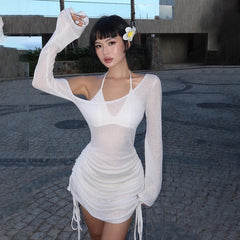 Off-Shoulder Sexy See-Through Drawstring Dress For Women Long Sleeve Solid Summer Hot Girl Club Party Mini Bodycon Dress