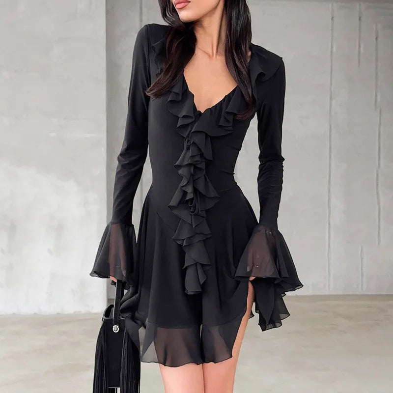 Sexy V-Neck Ruffle Mini Dress Women's Elegant Ruffle Sleeve Patchwork Pleated Short Dress High Waist Pullover Mini Dress