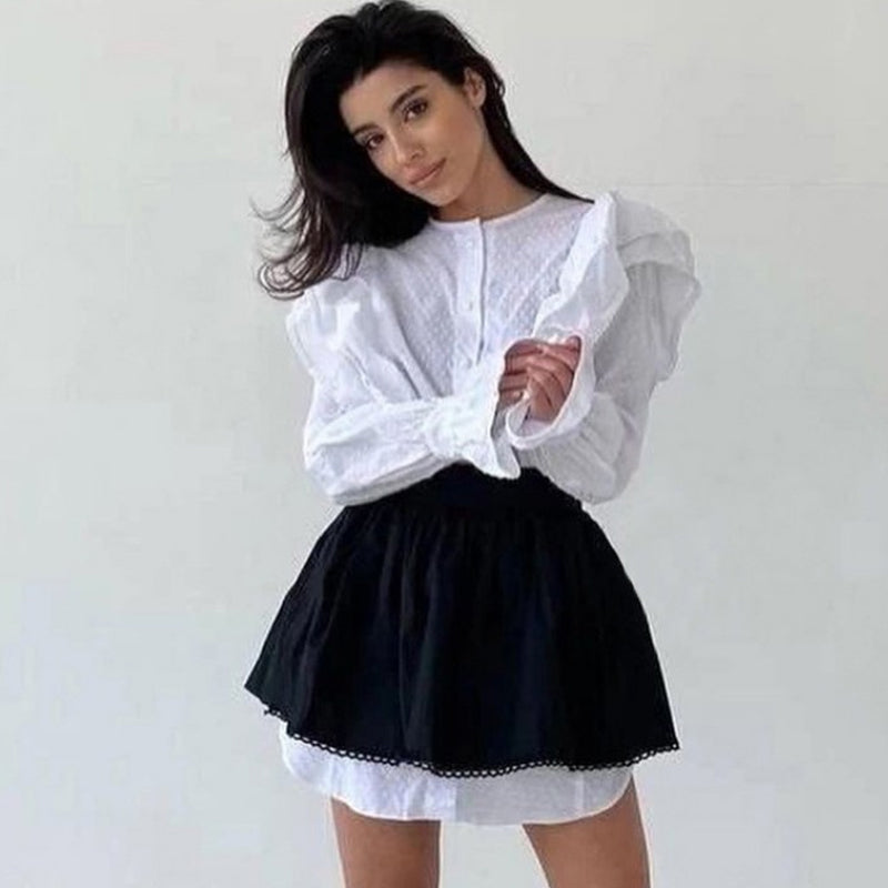 Ruffled Flare Sleeve Shirt Dress For Women With High Waisted Shorts Contrast Color Patchwork Mini Party Dress Autumn New