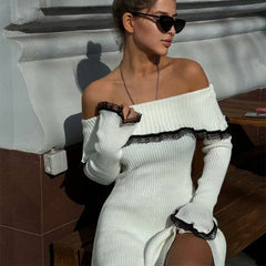 Knitted Off-The-Shoulder Mini Dress Women's Autumn Lace Sweater Dress Sexy Strapless Long Sleeve Patchwork Mini Dress