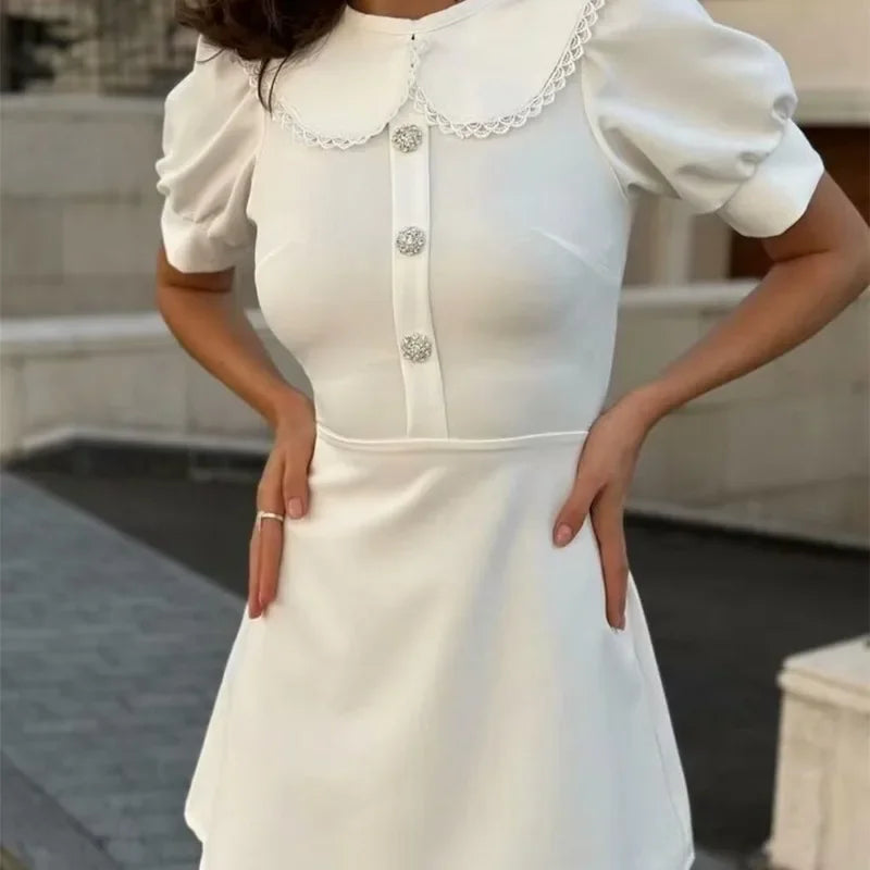 White Slim Mini Dress Women's Elegant Lace Short Sleeve Doll Collar Button-Down Dress Fall Office Commuting A-Line Dress