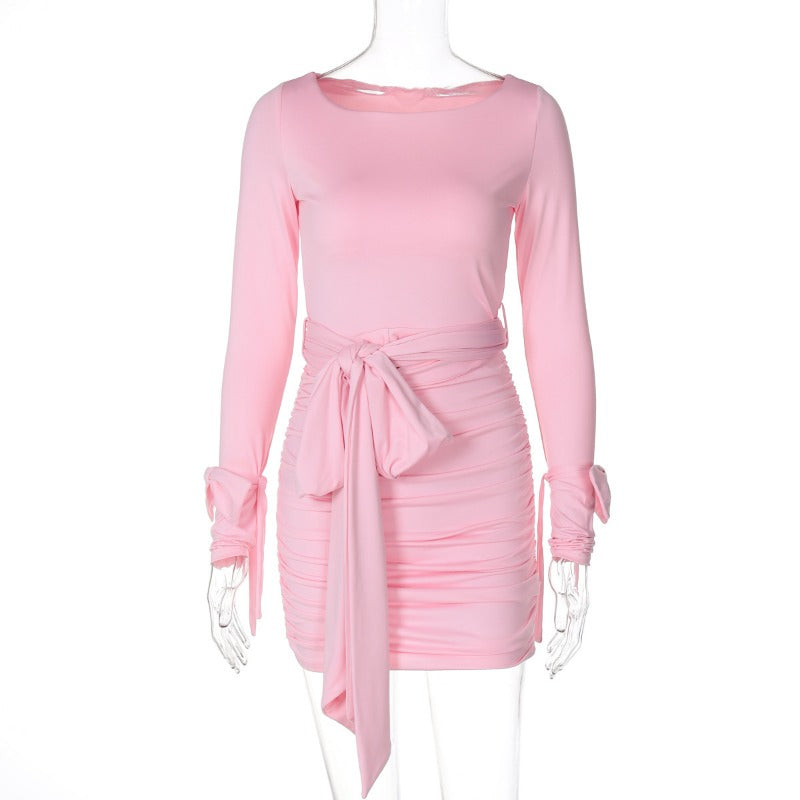 Bow Bandage Smocked Mini Dress Women's Pink O Neck Long Sleeve Bodycon Dress High Waist Patchwork Party Mini Dress Y2k