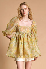 - Lemon Chiffon Floral Print Puff Sleeve Babydoll Smock Mini Dress