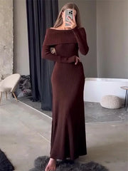 Fashion Knit Long Dress Off-Shoulder Female Ribbed Loose High Waist Elegant Autumn Party Dress Ladies Knitwear Maxi DressChristmas Gifts