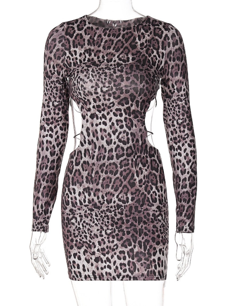 Leopard Print Backless Lace Up Mini Dress Women's Sexy Long Sleeve Hollow Bandage Bodycon Dress Retro Dress Partywear