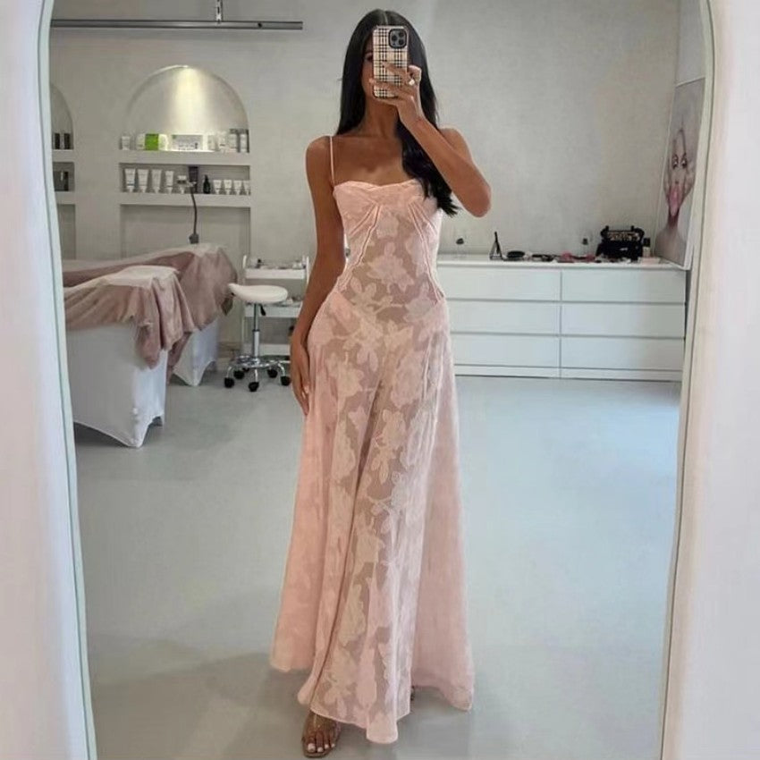 Sexy See Through Beach Spaghetti Maxi Dress For Women Plunge Off Shoulder Floral Mesh Patchwork Long Holiday Dress FemmeChristmas Gifts