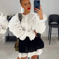 Ruffled Flare Sleeve Shirt Dress For Women With High Waisted Shorts Contrast Color Patchwork Mini Party Dress Autumn New