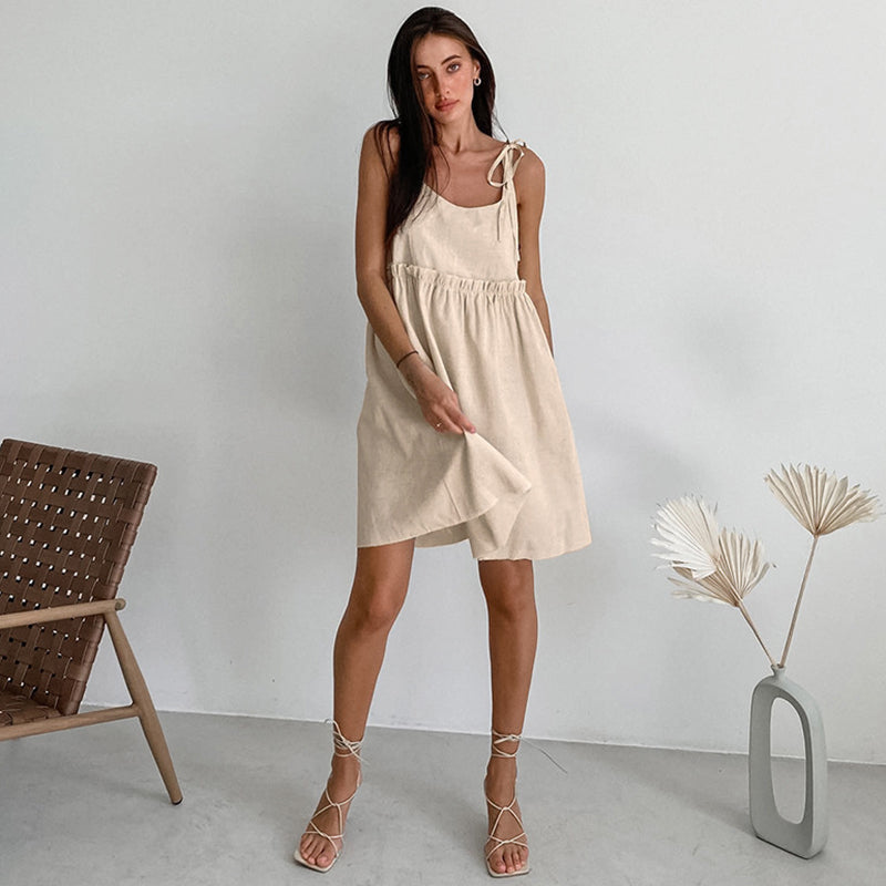 Fashion Vacation Loose Cotton Linen Slip Dress For Women Lace Up Splice Hot Girl Sexy Dress Party Spaghetti Strap Dress