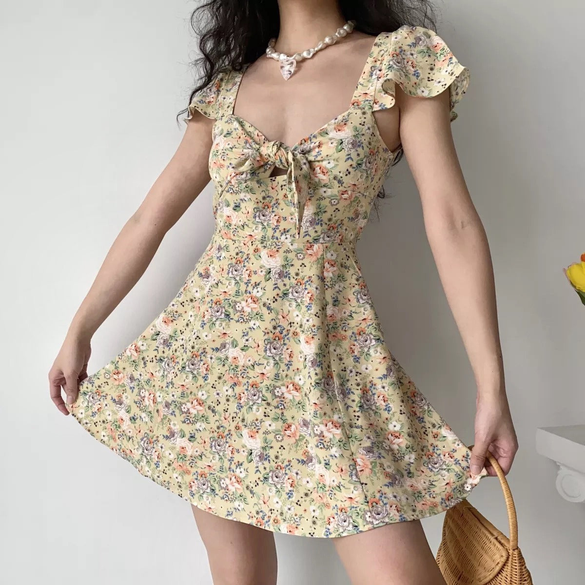 Ifomat Magnolia Floral Bowknot Dress