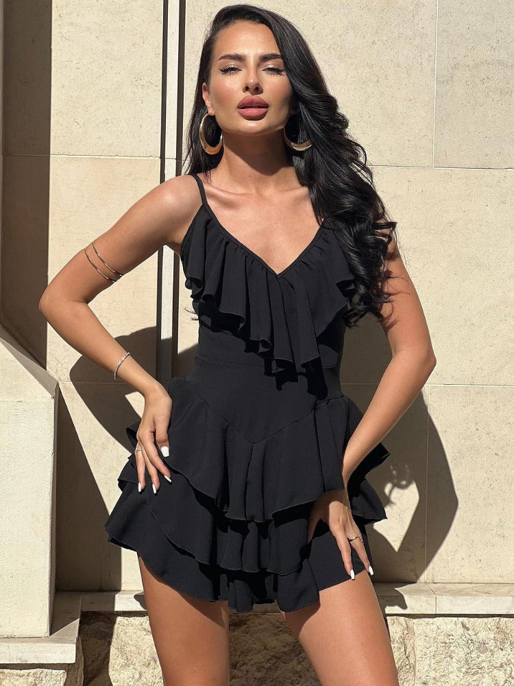 Deep V Neck Beach Dress Women  Summer Slim Pleated Ruffle Dresses Ladies Holiday Sexy Backless Maxi Dresses For WomenChristmas Gifts