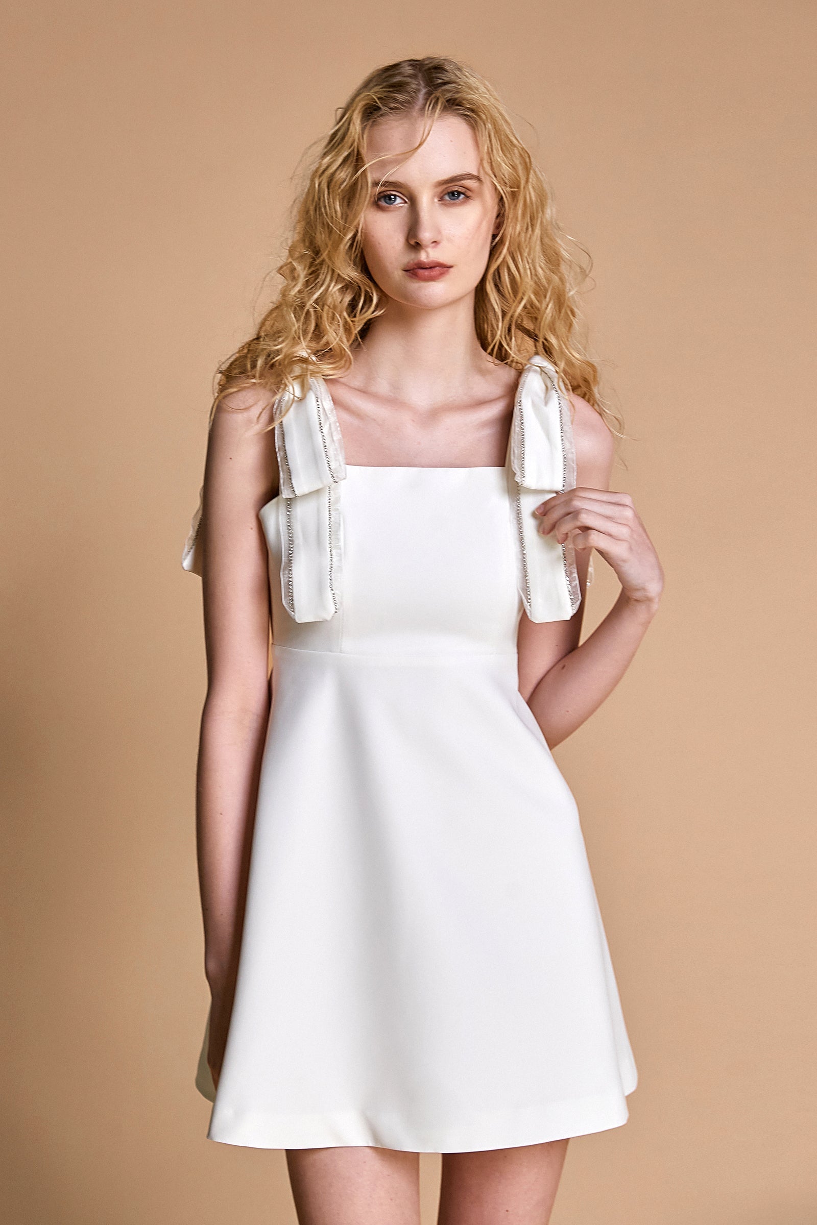 - White Square Neck Bow Detail Mini Dress