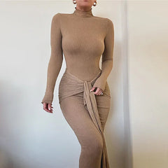 Elegant Ruched Bodycon Long Dress For Women Long Sleeve Gown Fashion Drape Turtleneck Female Club Party Maxi Dress NewChristmas Gifts