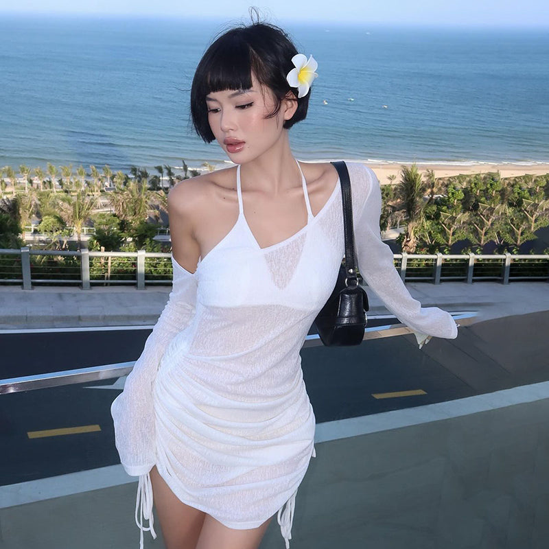 Off-Shoulder Sexy See-Through Drawstring Dress For Women Long Sleeve Solid Summer Hot Girl Club Party Mini Bodycon Dress