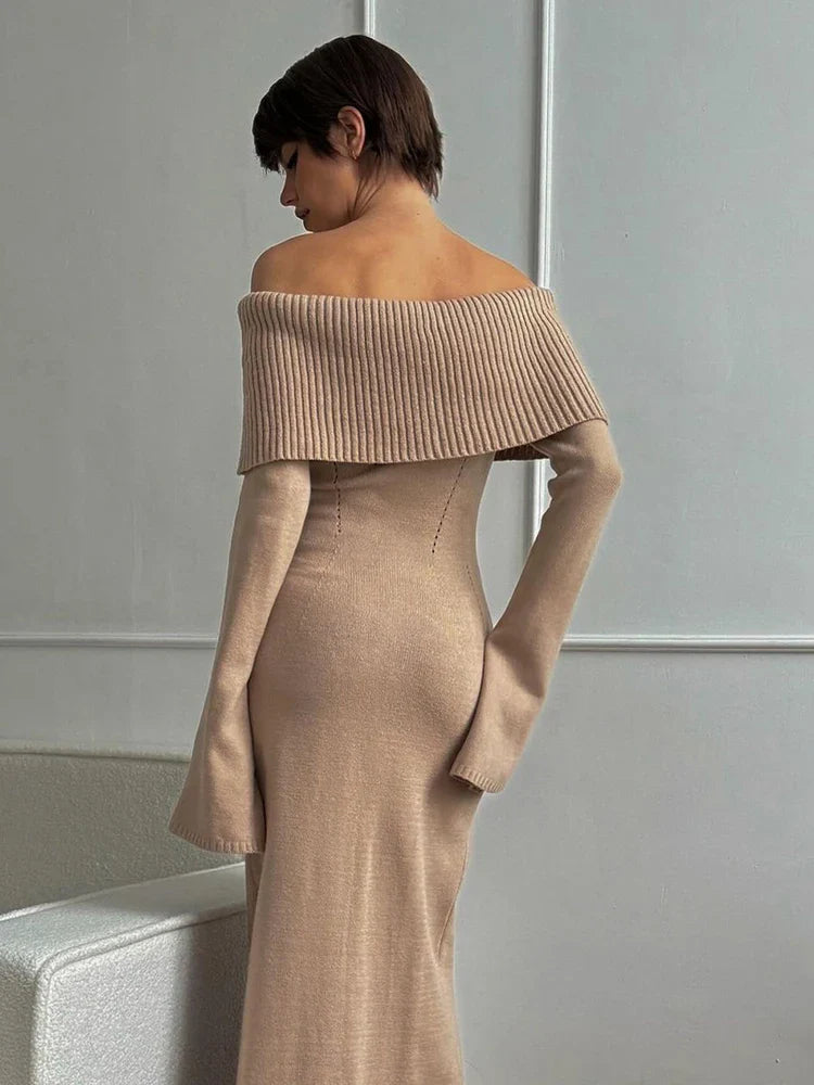 Sexy One-Shoulder Dress Knitted Autumn Winter Long Sweater Dress For Women Lapel Solid New Elegant Party Bodycon DressChristmas Gifts