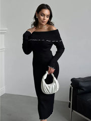 Fall Winter Sexy One-Shoulder Long Knit Dress Slim Elegant Fungus Splice Contrast Color Sweater Female Club Party DressesChristmas Gifts