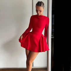 Elegant Bodycon Mini Dress For Women A-line Hem Splice Fashion Red Gown Dress O Neck  Autumn New Long Sleeve DressChristmas Gifts