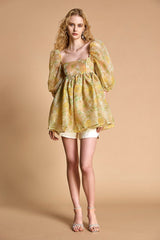 - Lemon Chiffon Floral Print Puff Sleeve Babydoll Smock Mini Dress