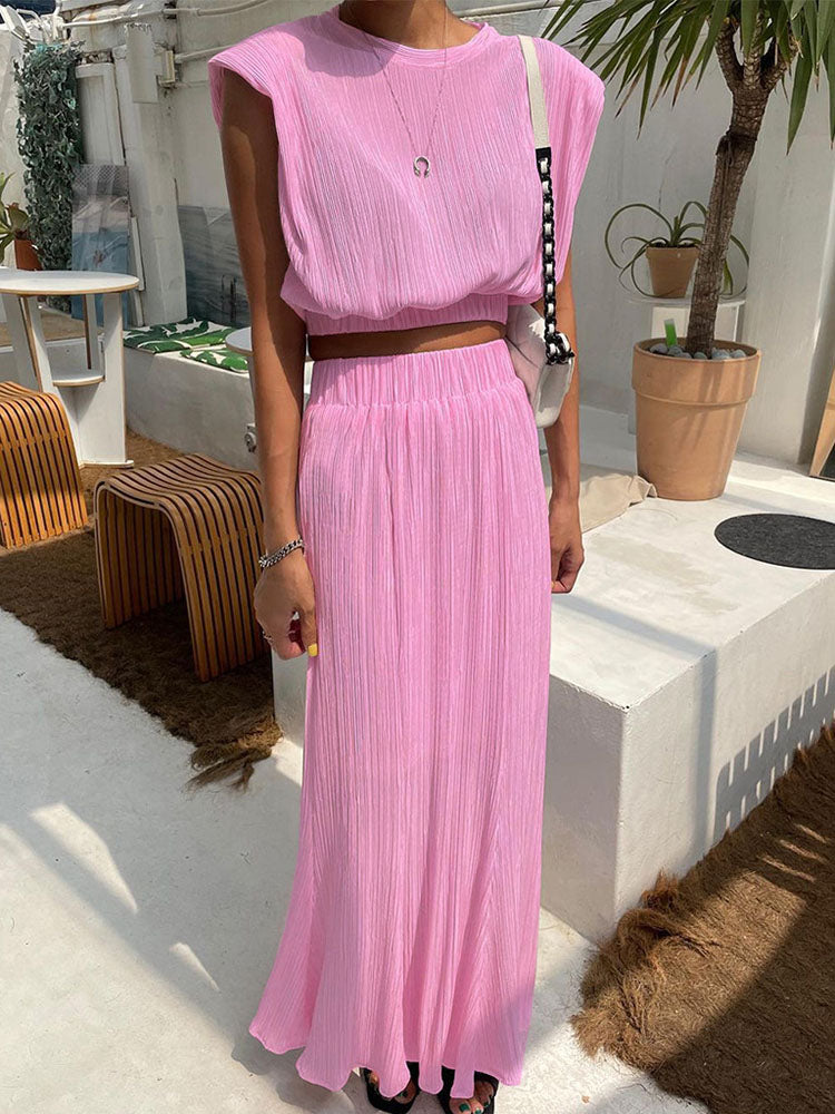 Ribbing Dress Suit For Women 2023 Summer Shoulder Pads Tank Top Temperament High Waist Maxi Skirt 2 Piece Sets Outfits