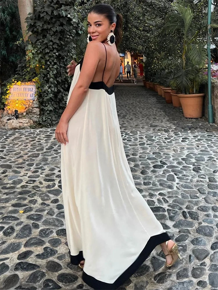 V Neck Backless Maxi Dresses For Women Color Block Slim Sexy Sundress Femme Street Fashion Party Temperament Dress Woman