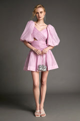 - Pink Organza Off-the-Shoulder Puff Sleeve Cut Out Mini Dress