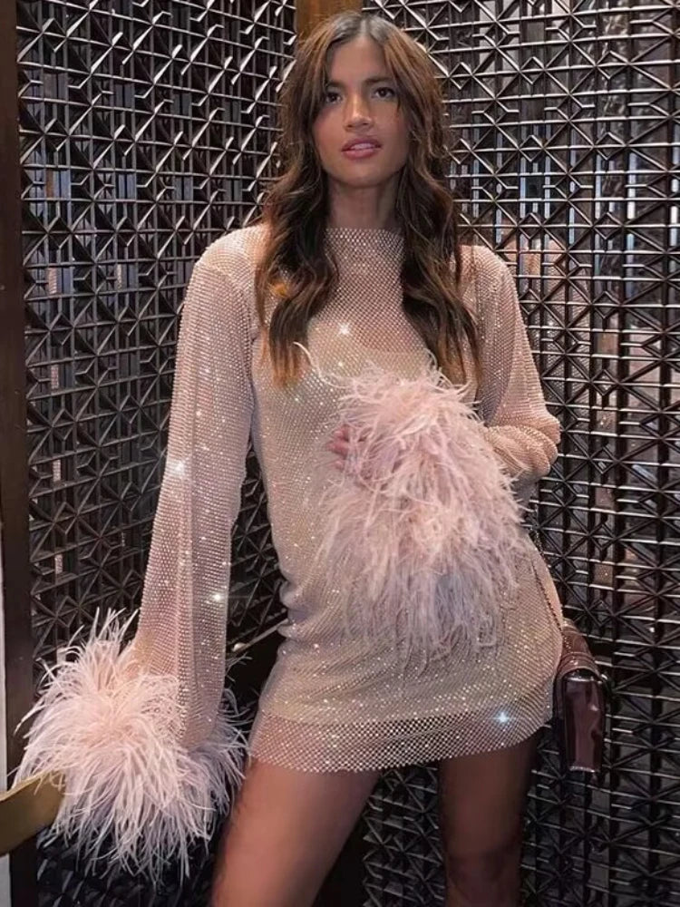 Weave Shiny Rhinestone Mini Dress Women Fashion Sexy See Through Cover-up Dresses Casual Loose Club Luxury Dress LadiesChristmas Gifts