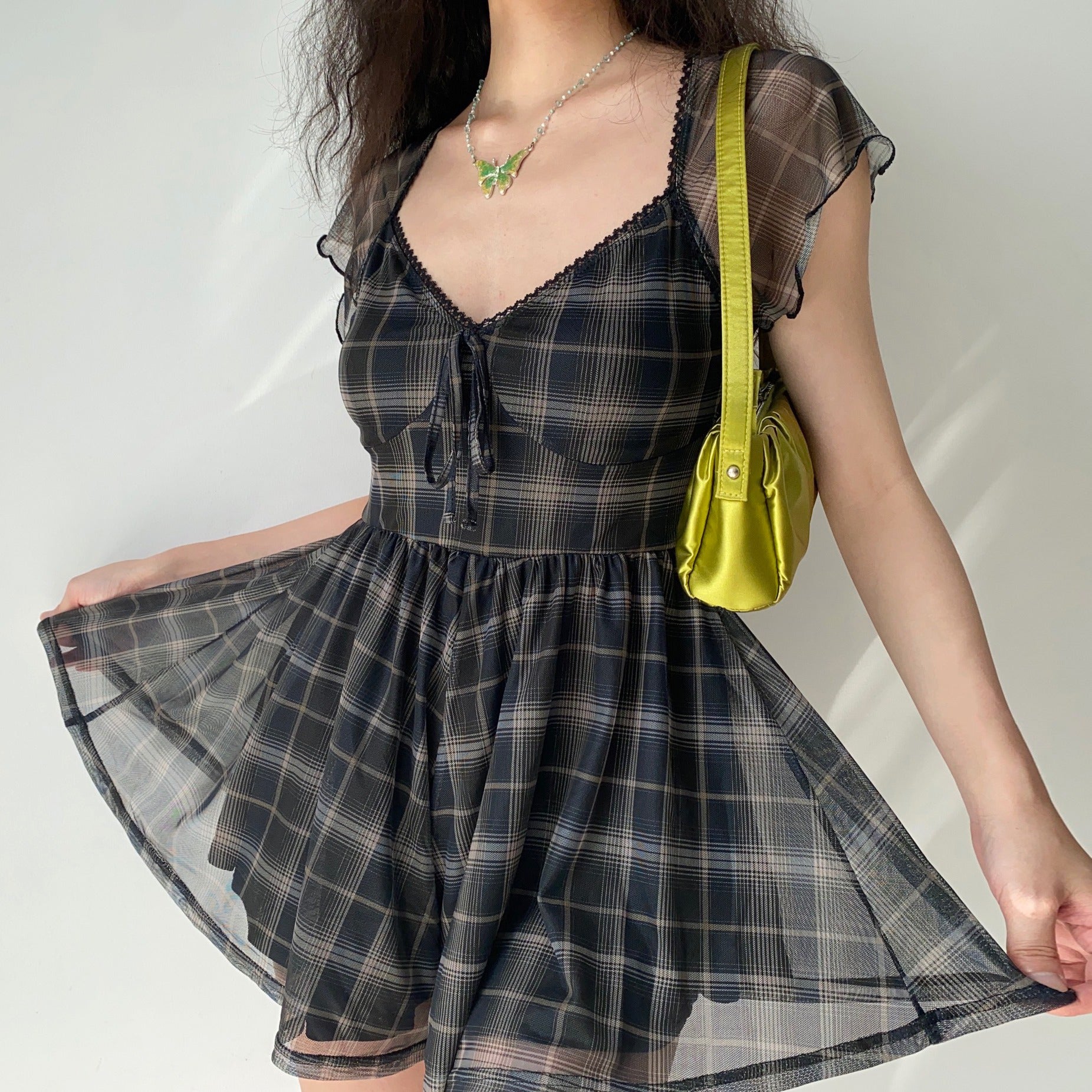 Ifomat Gloria Plaid Mesh Romper Dress