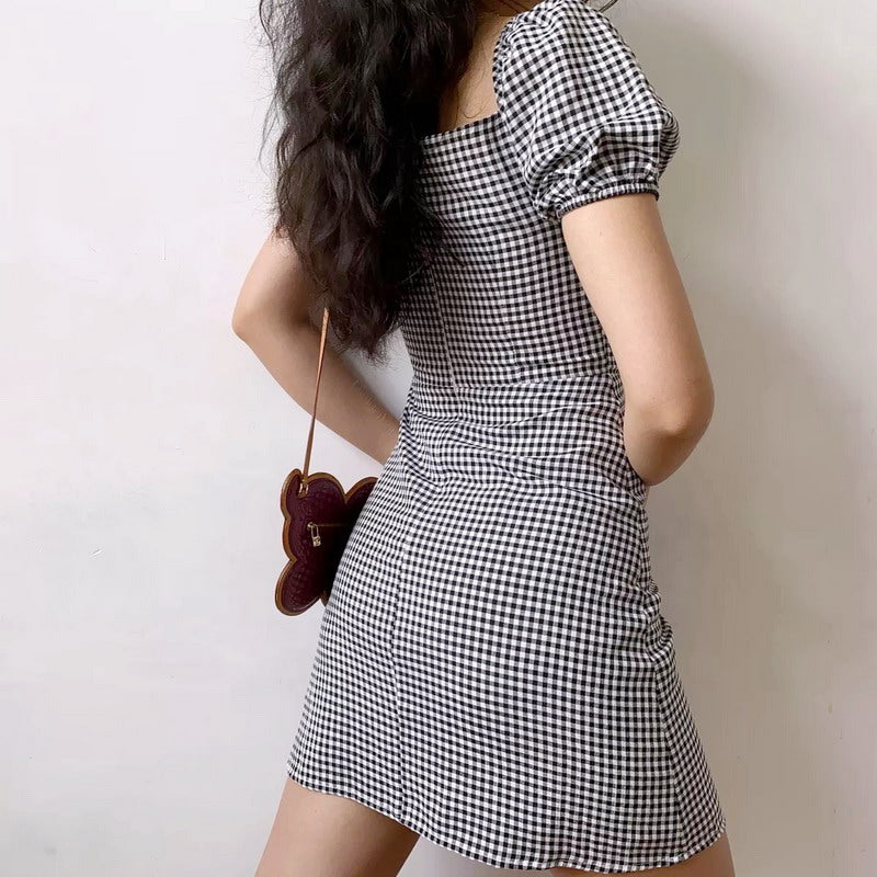 Ifomat Roman Retro Gingham Puff Dress