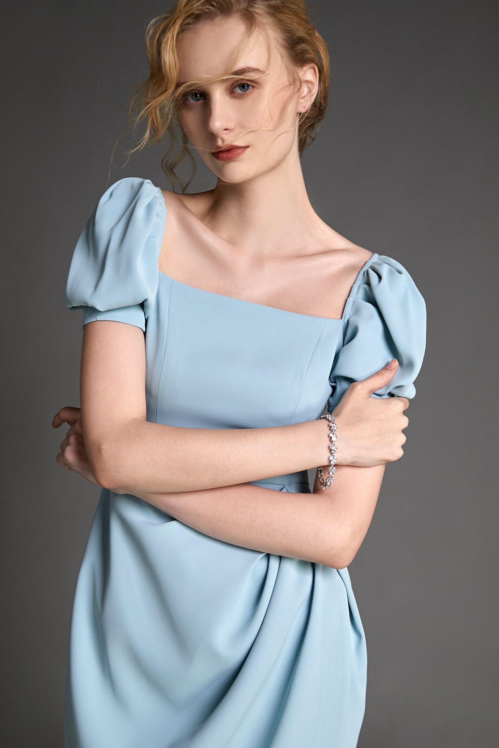 - Light Blue Square Neck Puff Sleeve Mini Dress