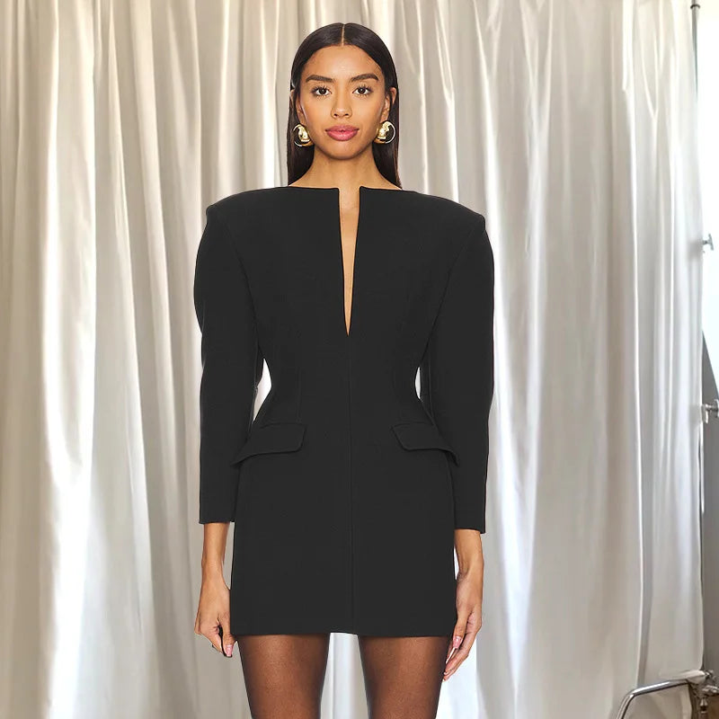 2025 Spring Deep V-neck Suit Short Dress Fake Pockets Line Splice Clothes Black Long Sleeve Bodycon Dress Office LadiesChristmas Gifts