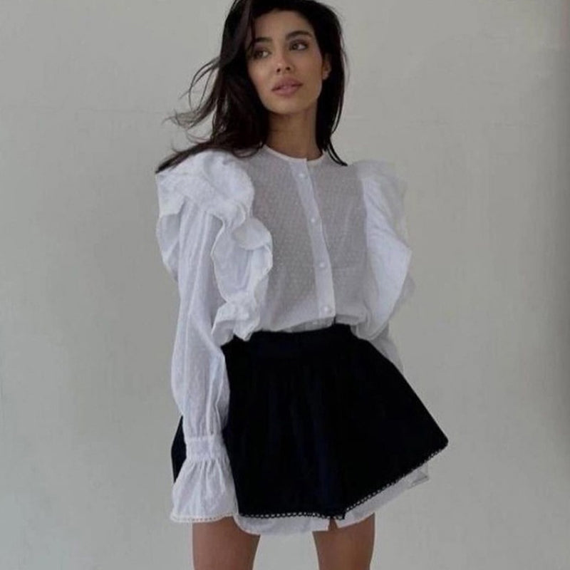 Ruffled Flare Sleeve Shirt Dress For Women With High Waisted Shorts Contrast Color Patchwork Mini Party Dress Autumn New