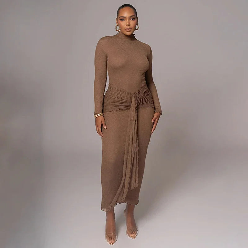 Elegant Ruched Bodycon Long Dress For Women Long Sleeve Gown Fashion Drape Turtleneck Female Club Party Maxi Dress NewChristmas Gifts