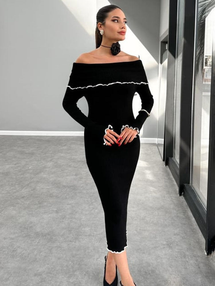 Fall Winter Sexy One-Shoulder Long Knit Dress Slim Elegant Fungus Splice Contrast Color Sweater Female Club Party DressesChristmas Gifts