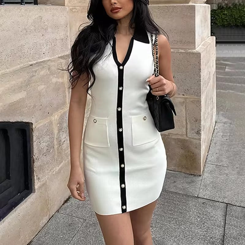 Knitted Lapel Contrast Color Mini Dress Women's New Single Breasted Pocket Dress Slim Fit Sleeveless Knitted Mini Dress