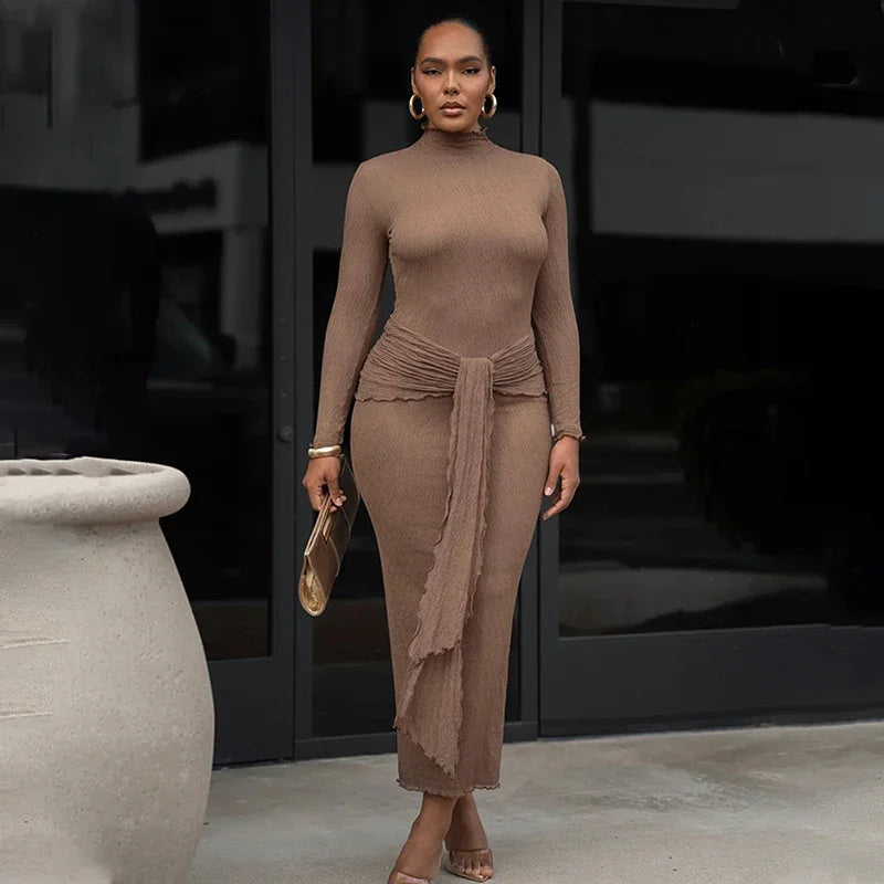 Elegant Ruched Bodycon Long Dress For Women Long Sleeve Gown Fashion Drape Turtleneck Female Club Party Maxi Dress NewChristmas Gifts