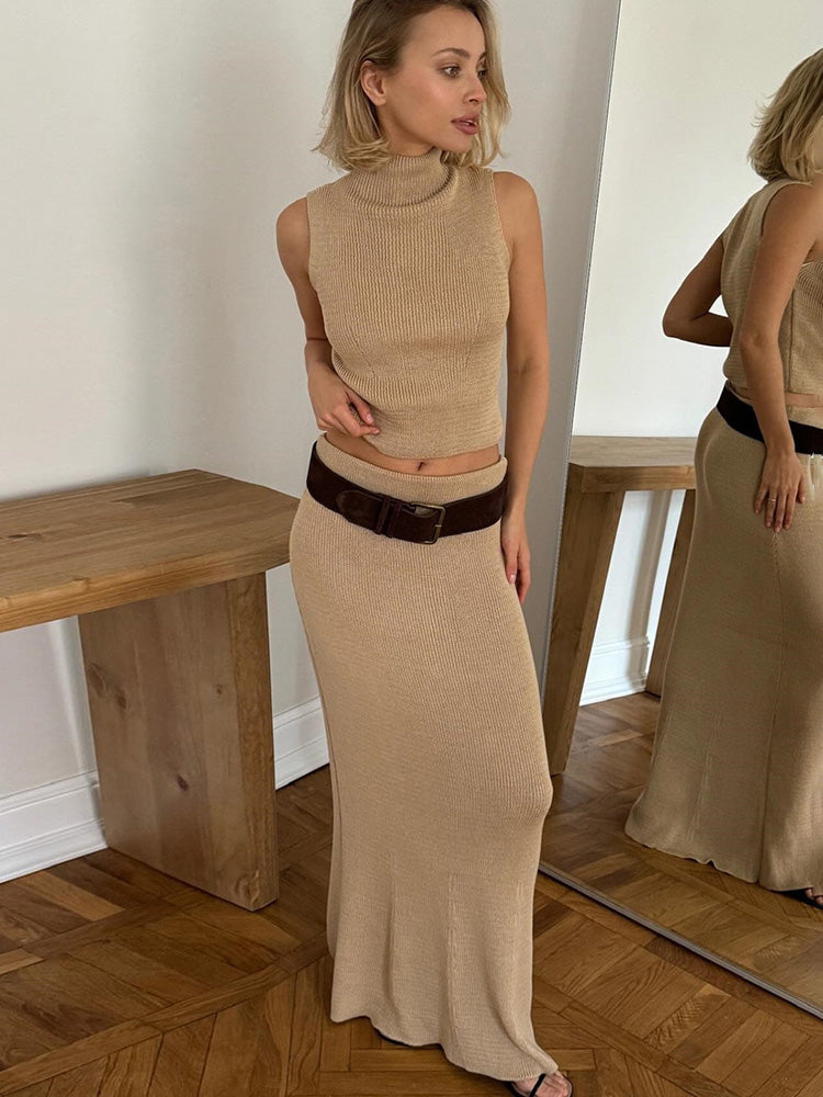 Elegant Sweater Two Pieces Set Sleeveless Knitted Turtleneck Vest High Waist Skirt Female Solid Slim Dress Sets 2025 New