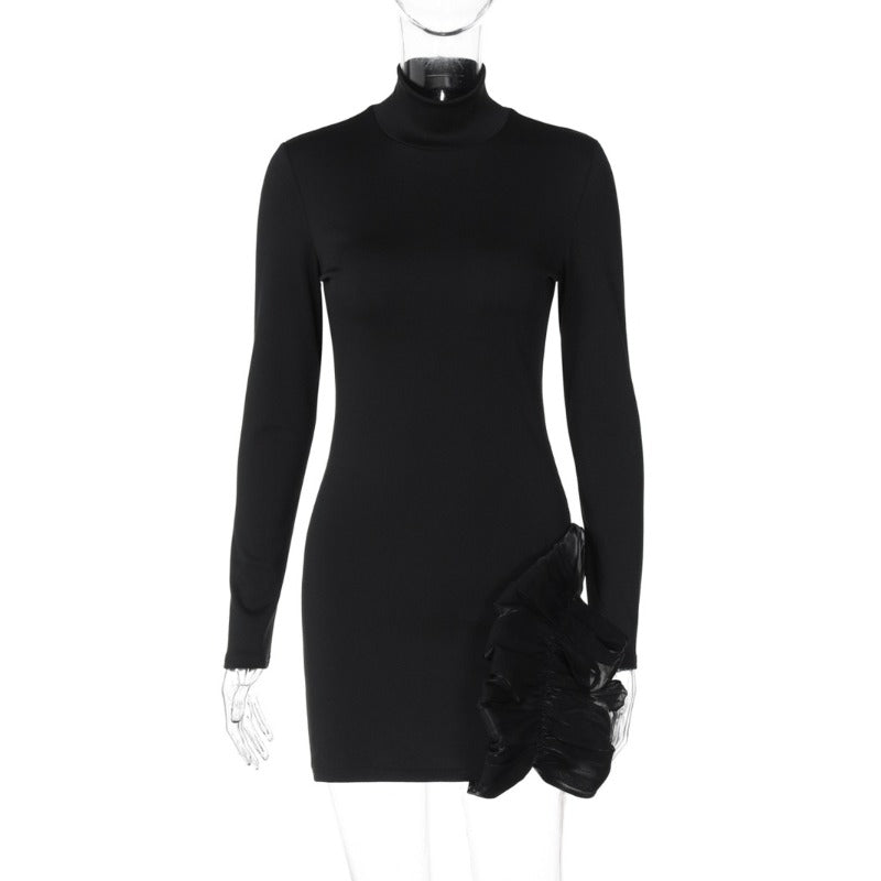 Black Bodycon Mini Dress Female Sexy Fashion Round Neck Long Sleeve Slim Hip Dress Elegant Pullover Party Club Dress Y2k